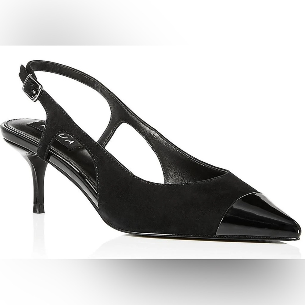 AQUA Koko Suede Slingback Heels with Patent Tip in Black - Size 8.5